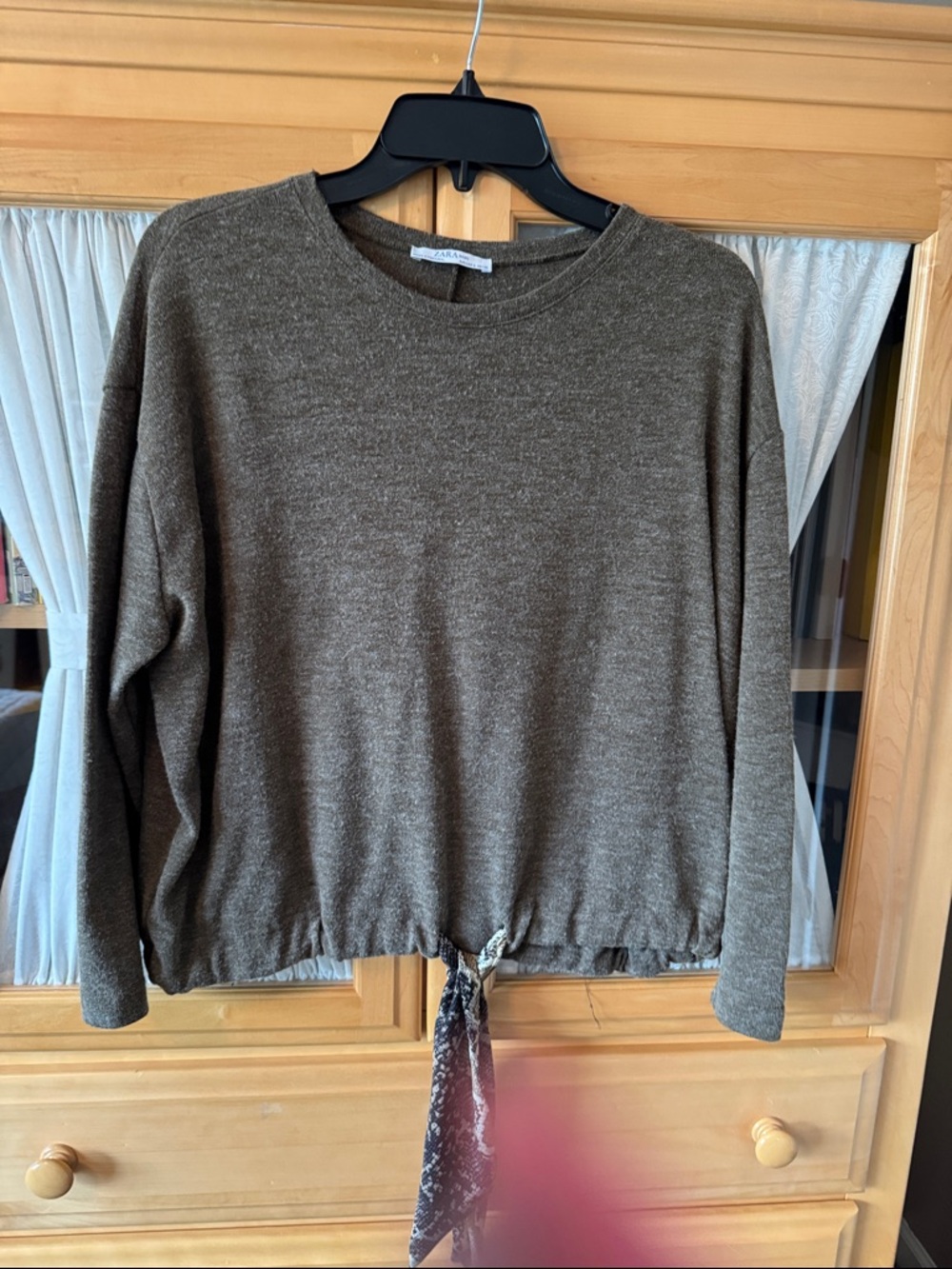 Zara Olive Tie-Hem Crewneck Sweatshirt